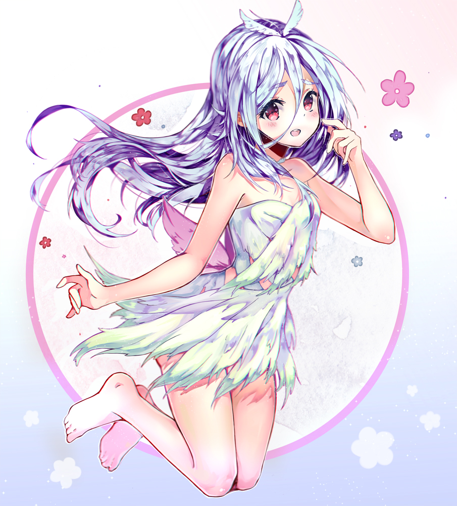 1girl, antenna_hair, barefoot, blue_hair, comet_lucifer, felia_(comet_lucifer), female_focus, flower