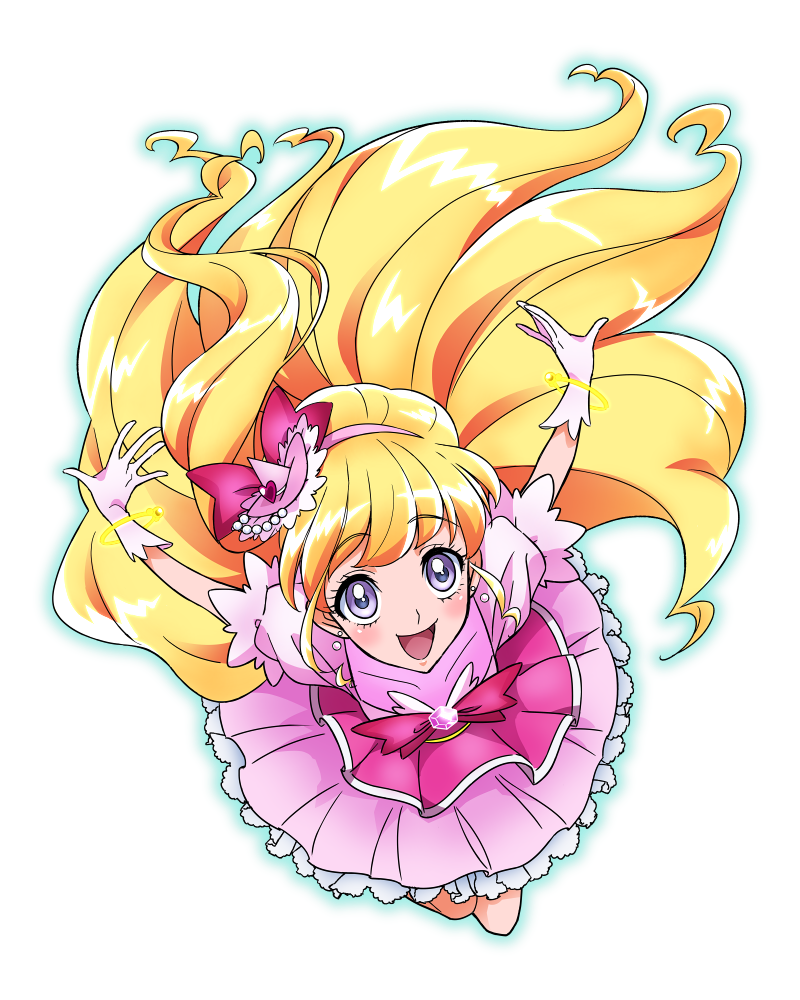 1girl, :d, asahina_mirai, blonde_hair, bow, brooch, churumi_(grie), cure_miracle