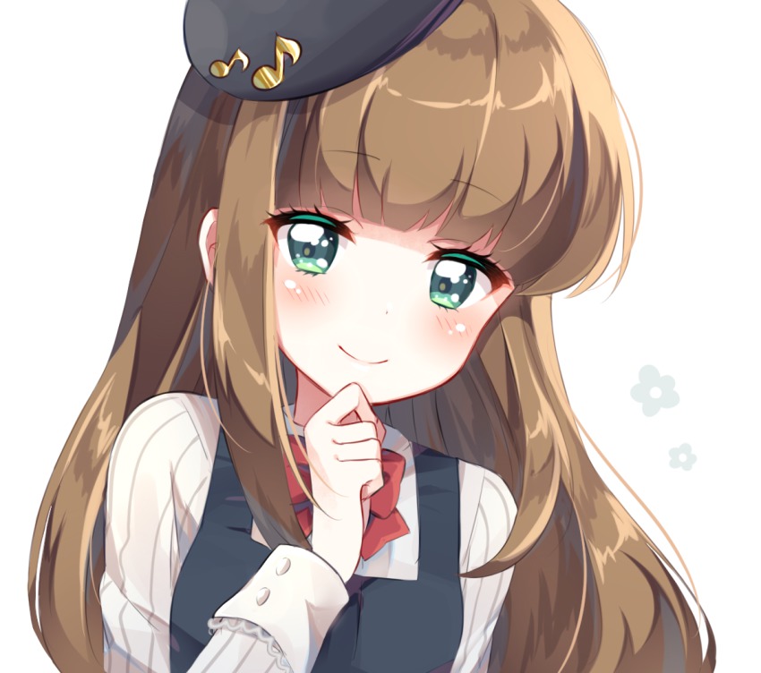 1girl, bad_id, bad_pixiv_id, black_hat, blush, bow, brown_hair, female_focus