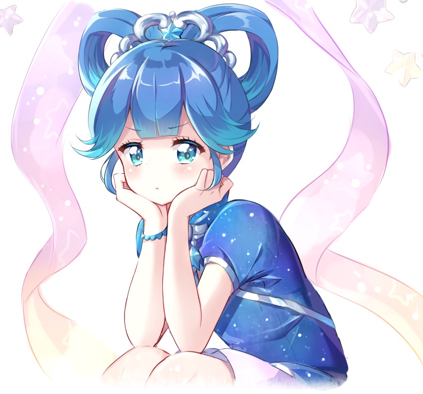 1girl, :t, bad_id, bad_pixiv_id, blue_eyes, blue_hair, blue_shirt, chi_(otoca_d'or), chi_(otoca_doll), female_focus, hair_rings, head_rest, highres, kobeni, looking_at_viewer, matching_hair/eyes, otoca_d'or, pout, sash, shirt, short_hair, sitting, solo, white_background