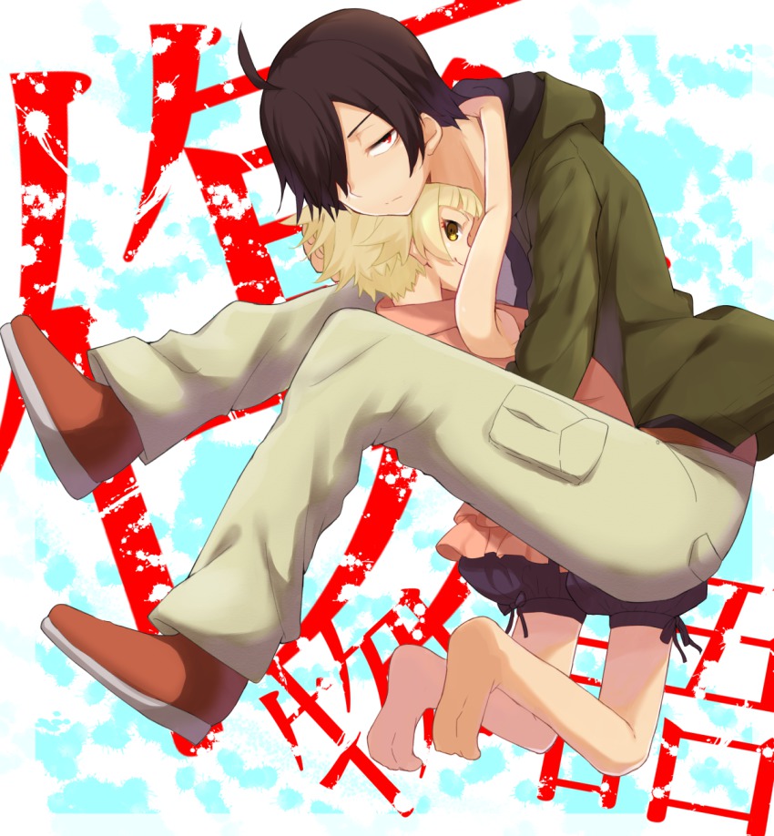 10s, 1boy, 1girl, ahoge, araragi_koyomi, black_hair, hair_over_one_eye, hetero