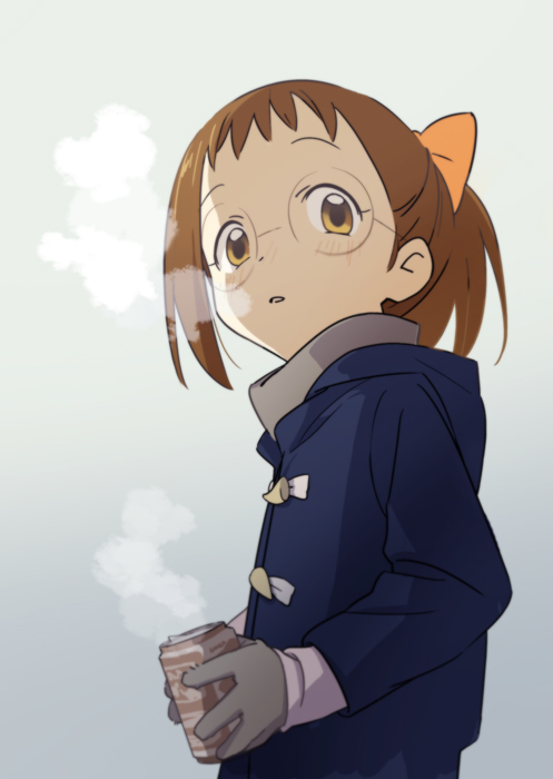 1girl, artist_request, blush, bow, breath, brown_eyes, brown_hair, can