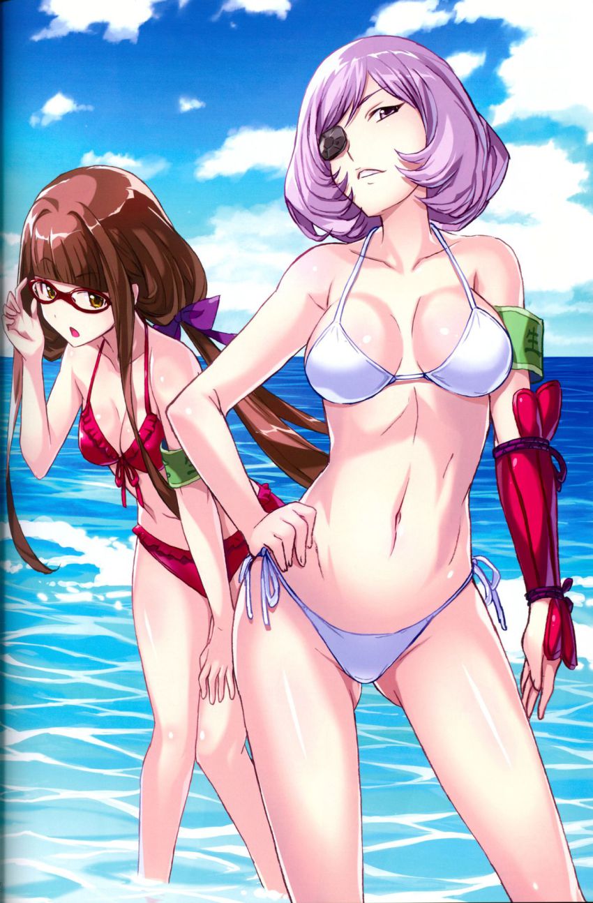 10s, 2girls, aoki_hagane_no_arpeggio, armband, bikini, breasts, brown_hair, cleavage