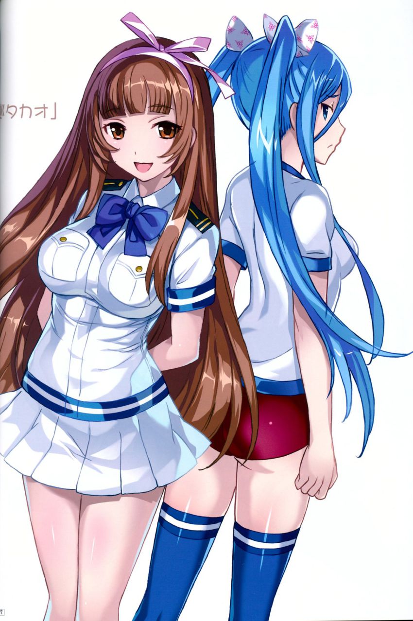 10s, 2girls, amaha_kotono, aoki_hagane_no_arpeggio, blue_eyes, blue_hair, blue_thighhighs, brown_eyes, brown_hair, buruma, character_request, gym_uniform, hair_ornament, highres, long_hair, looking_at_viewer, multiple_girls, mutsumi_masato, open_mouth, pleated_skirt, purple_ribbon, red_shorts, ribbon, scan, scan_artifacts, short_shorts, shorts, skirt, takao_(aoki_hagane_no_arpeggio), thighhighs, twintails, white_background, white_skirt