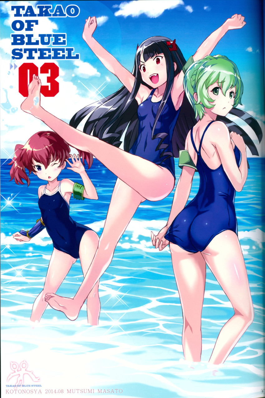 >:d, 10s, 3girls, :d, adjusting_clothes, adjusting_swimsuit, aoki_hagane_no_arpeggio, arm_guards
