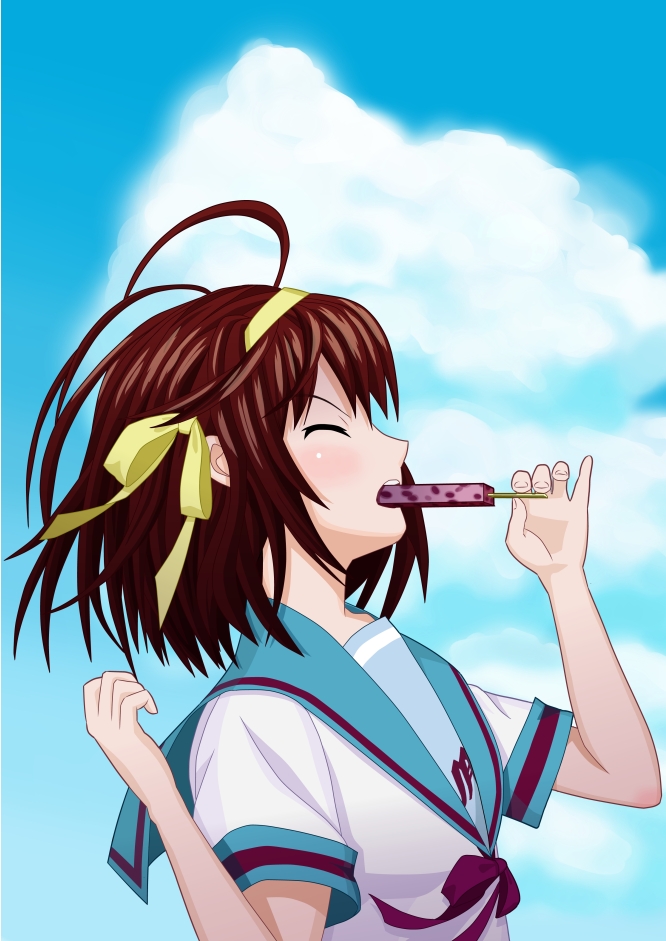 1girl, brown_hair, closed_eyes, cloud, day, eating, female_focus, hair_ribbon