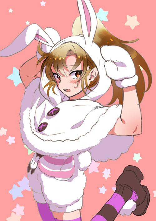 10s, 1boy, animal_hood, blush, brown_hair, cosplay, himeno_kanon, himeno_kanon_(cosplay)