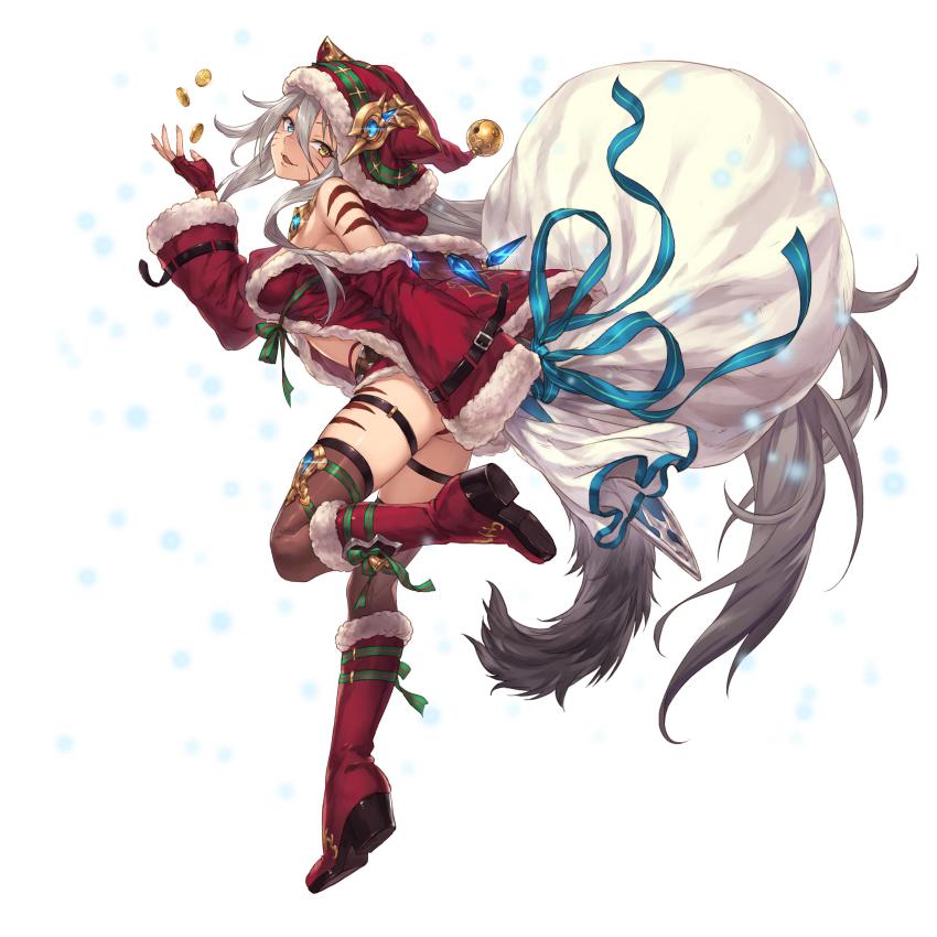 1girl, absurdres, aqua_eyes, artist_request, bare_shoulders, boots, christmas, coin