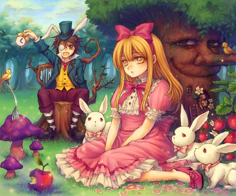 alice's_adventures_in_wonderland, animal_ears, apple, bird, blonde_hair, brown_eyes, brown_hair, rabbit