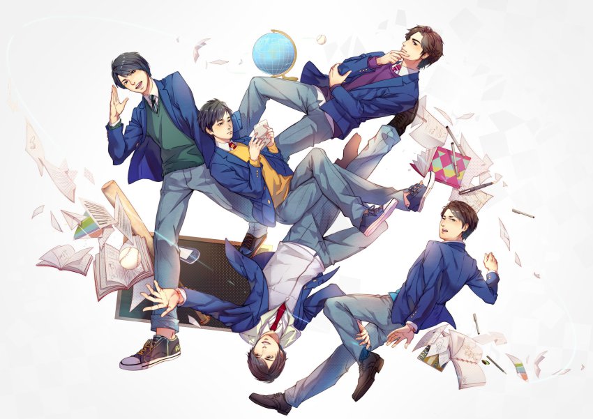 5boys, aiba_masaki, arashi_(music), baseball, baseball_bat, black_eyes, black_hair, book, brown_eyes, brown_hair, globe, hand_on_own_chin, handheld_game_console, hermithessa, highres, jacket, male_focus, matsumoto_jun, multiple_boys, necktie, ninomiya_kazunari, nintendo_ds, oono_satoshi, open_mouth, paper, pen, pencil, playstation_portable, real_life, sakurai_shou, school_uniform, shoes, sketchbook, smile, sneakers, upside-down, v-neck