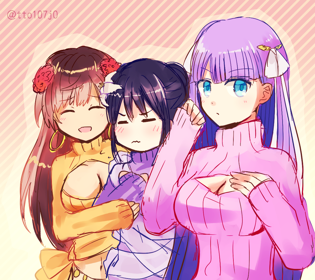 3girls, black_hair, blue_eyes, blush, breast_envy, breasts, brown_hair, cleavage, closed_eyes, earrings, fate/grand_order, fate_(series), flower, hair_flower, hair_ornament, jewelry, jing_ke_(fate), large_breasts, long_hair, long_sleeves, martha_(fate), mata_hari_(fate), midriff, multiple_girls, navel, open-chest_sweater, open_mouth, ponytail, purple_hair, ribbed_sweater, smile, sweater, totte, twitter_username, upper_body