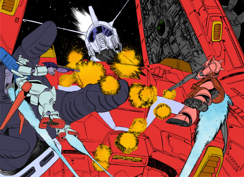 assault_rifle, battle, blue_fire, company_connection, densetsu_kyojin_ideon, explosion, fire, firing, gun, gundam, gundam_vs._giant_god:_counterattack_of_gigantis, gyakushuu_no_gigantis, hasegawa_yuuichi, helmet, holding, holding_weapon, ideon, jetpack, machinery, mecha, mecha_focus, mega_zeta_gundam, no_humans, rifle, robot, space, sunrise, suzaku_(mobile_suit), weapon