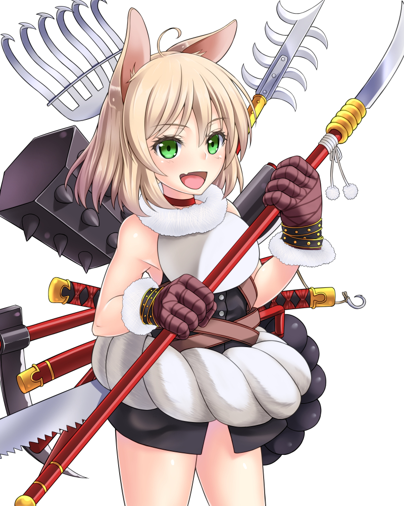 1girl, :d, ahoge, animal_ears, axe, belt, black_skirt, blonde_hair