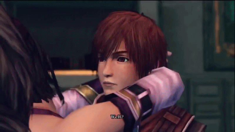 1boy, 1girl, 3d, animated, animated_gif, back, bare_shoulders, brown_hair