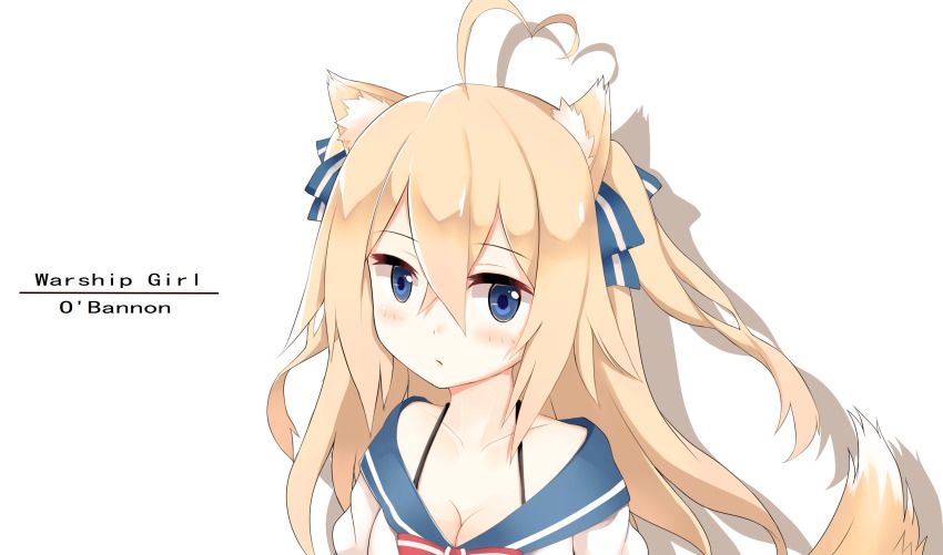 1girl, :o, absurdres, ahoge, animal_ears, bare_shoulders, blonde_hair, blouse, blue_eyes, blush, bow, bowtie, breasts, character_name, cleavage, collarbone, copyright_name, ero_mang-a, eroman, erosusukikuma, female_focus, fox_ears, fox_tail, hair_between_eyes, hair_ribbon, heart, heart_ahoge, highres, kemonomimi_mode, long_hair, looking_at_viewer, medium_breasts, o'bannon_(warship_girls_r), original, parted_lips, red_bow, ribbon, sailor_collar, shirt, silhouette, simple_background, smile, solo, strap, tail, two_side_up, upper_body, uss_o'bannon_(dd-450), warship_girls_r, white_background, white_shirt