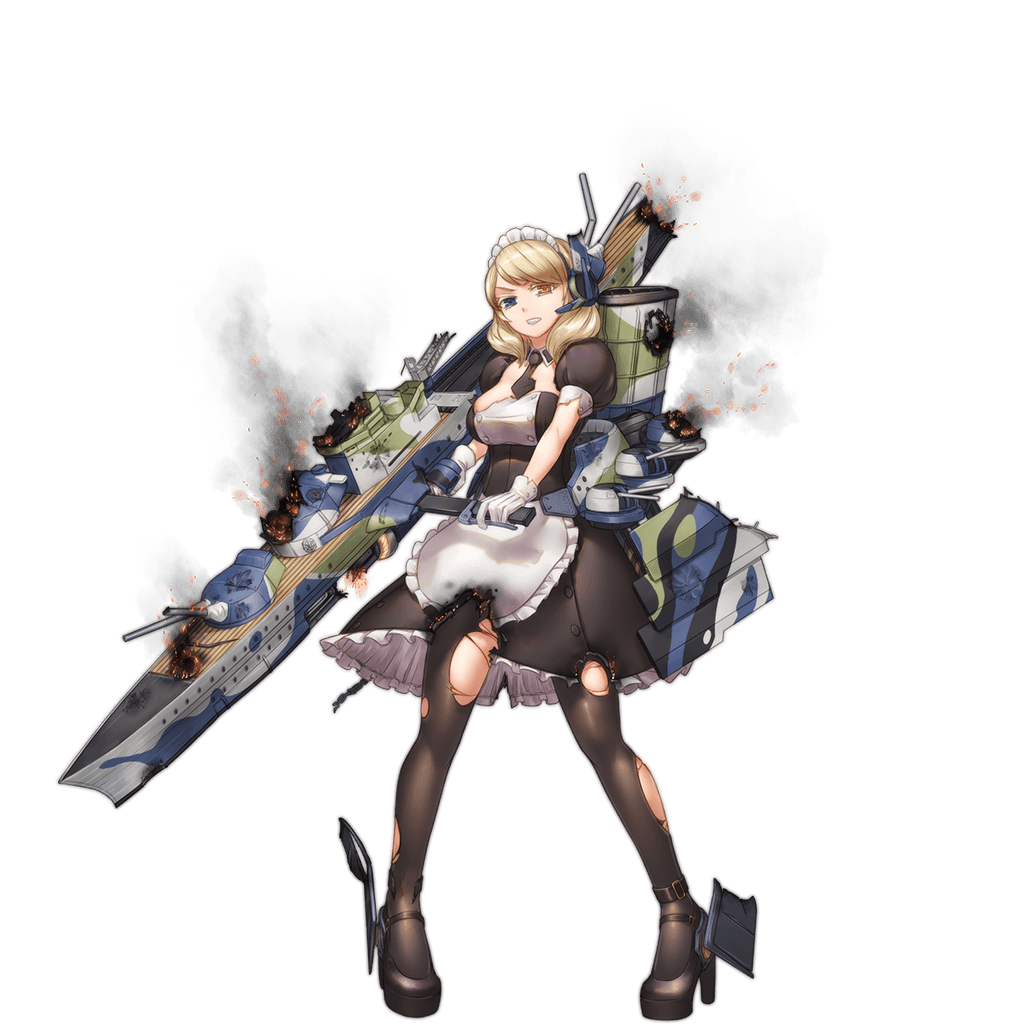 1girl, apron, barrel, bent_barrel, blonde_hair, blue_eyes, brown_eyes, burning, burnt_clothes, clenched_teeth, crane_(machine), damaged, deck, embers, female_focus, full_body, gloves, headphones, headset, heterochromia, high_heels, maid, maid_apron, maid_headdress, mecha_musume, military, military_vehicle, official_art, pantyhose, remodel_(warship_girls_r), renown_(warship_girls_r), ship, ship_turret, smokestack, solo, stmast, teeth, thighhighs, torn_clothes, torn_legwear, transparent_background, warship, warship_girls_r, watercraft, white_gloves