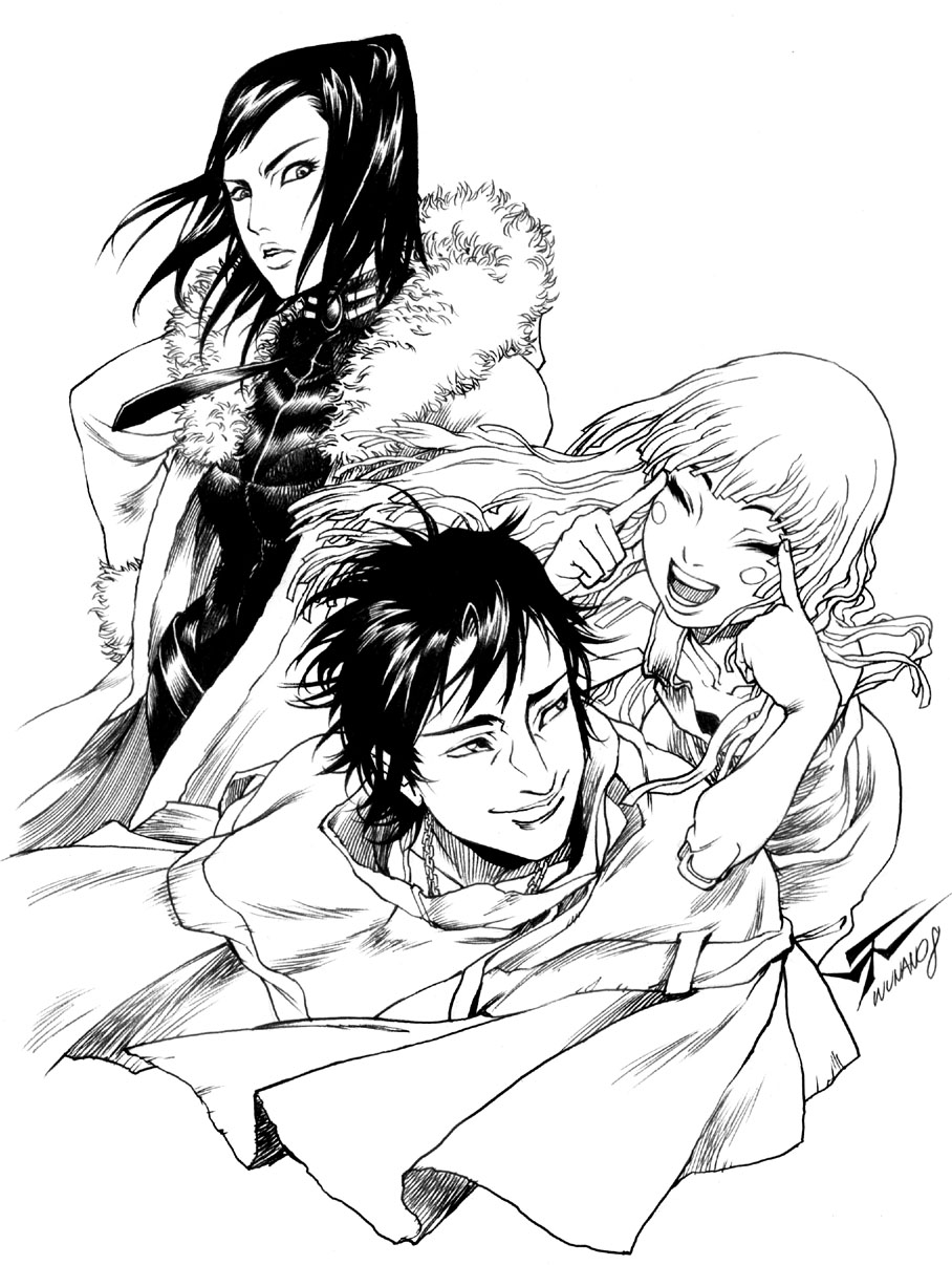 00s, 1boy, 2girls, :d, ^_^, blunt_bangs, closed_eyes, coat