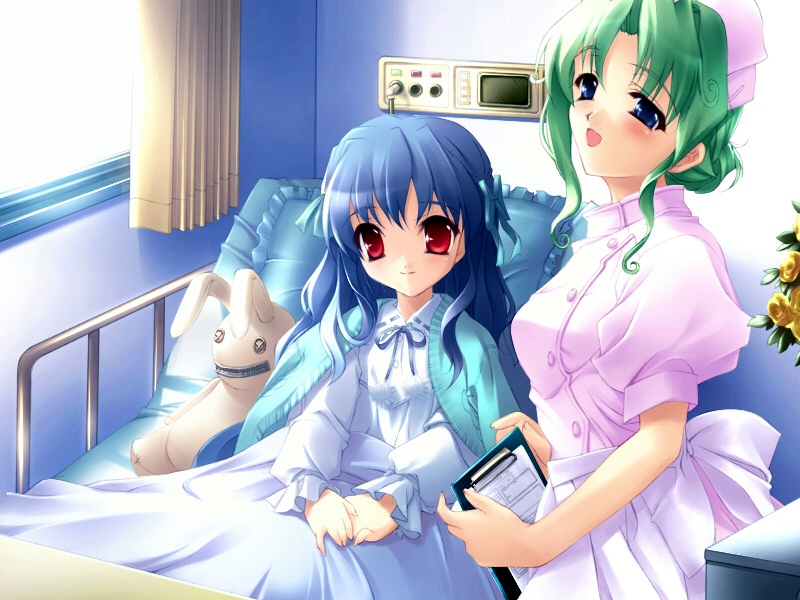 2girls, asakura_yuu_(konakana), bed, blue_eyes, blue_hair, blush, game_cg, green_hair