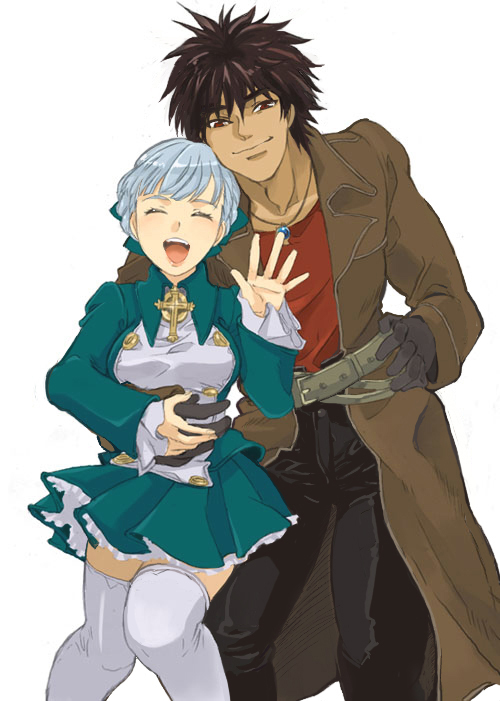 1boy, 1girl, :d, alice_elliot, bad_id, bad_pixiv_id, belt, black_hair, blue_hair, bow, braid, buttons, closed_mouth, coat, collarbone, cross, dress, frills, gloves, hair_bow, hand_on_another's_stomach, hand_on_own_hip, hetero, holding_hands, jewelry, long_coat, long_sleeves, looking_at_viewer, manly, multiple_belts, open_mouth, pants, pendant, red_eyes, shadow_hearts, simple_background, smile, spread_fingers, thighhighs, tng, white_background, white_thighhighs, yuri_hyuga, zettai_ryouiki