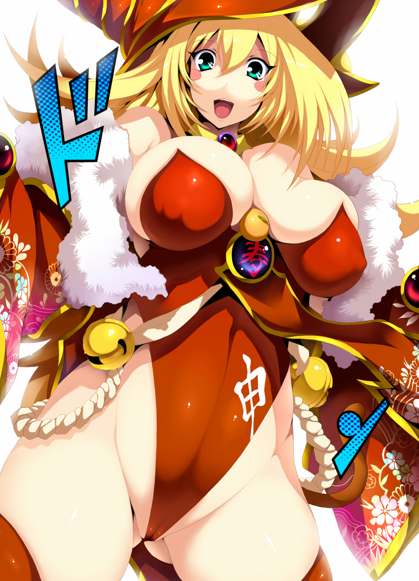 1girl, :d, adapted_costume, bare_shoulders, bell, between_breasts, blonde_hair, blue_eyes, blush_stickers, breasts, cameltoe, cleavage, covered_erect_nipples, dark_magician_girl, detached_collar, detached_sleeves, duel_monster, female_focus, food, fruit, gluteal_fold, green_eyes, hat, highleg, highres, huge_breasts, jingle_bell, kagami_mochi, large_breasts, leotard, long_hair, looking_at_viewer, mandarin_orange, open_mouth, orange_(fruit), red_leotard, sagging_breasts, simple_background, smile, solo, standing, text_focus, thighhighs, tsukasawa_takamatsu, white_background, wide_sleeves, wizard_hat, yu-gi-oh!