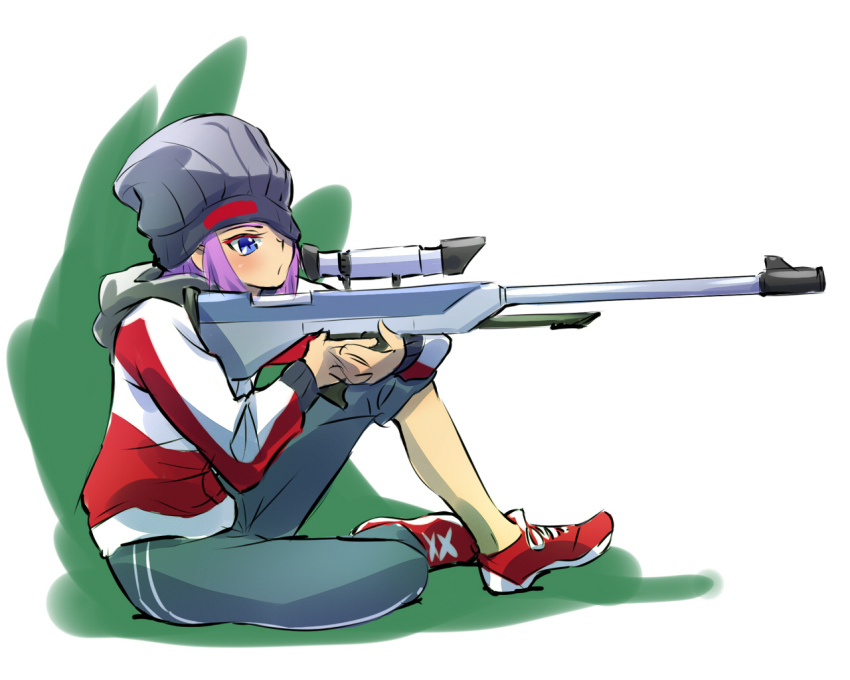 1girl, beanie, blue_eyes, female_focus, full_body, gun, hat, iesupa