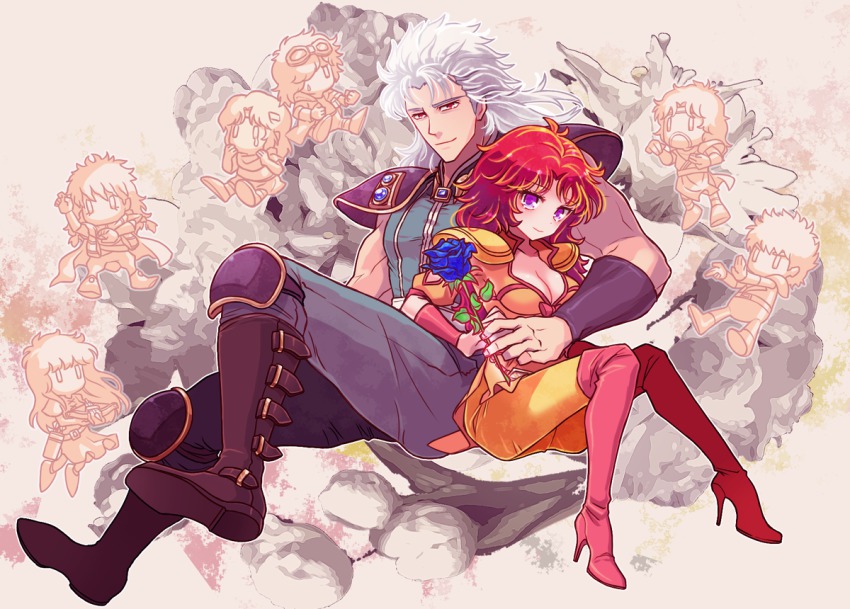 airi_(hokuto_no_ken), arm_around_another's_waist, bad_id, bad_pixiv_id, bat_(hokuto_no_ken), blue_flower, blue_rose, boots