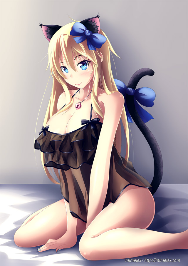 10s, 1girl, alternate_costume, animal_ears, artist_name, babydoll, between_legs, bismarck_(kancolle), black_bow, blonde_hair, blue_bow, blush, bow, breasts, cat_ears, cat_girl, cat_tail, cleavage, closed_mouth, collarbone, covered_navel, female_focus, frills, hair_bow, halterneck, hand_between_legs, jewelry, kantai_collection, kemonomimi_mode, large_breasts, lock, long_hair, mimelex, nail_polish, navel, on_bed, padlock, pendant, pink_lips, see-through_clothes, sitting, sleeveless, smile, solo, tail, tail_bow, tail_ornament, wariza, watermark, web_address
