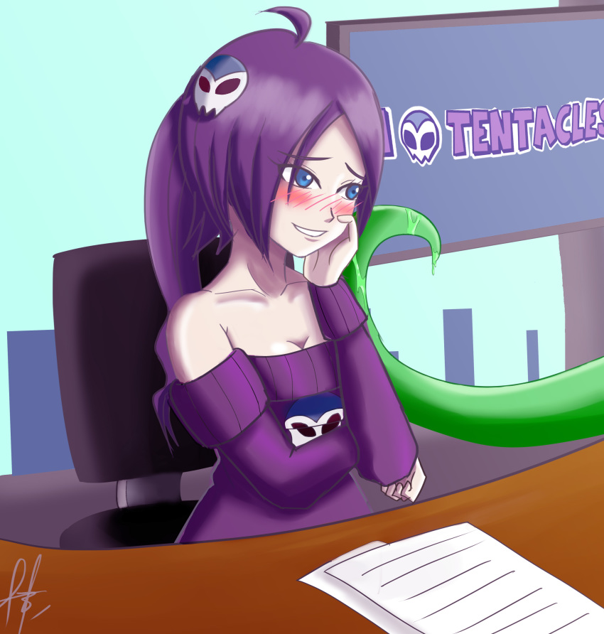 absurdres, bare_shoulders, blue_eyes, blush, breasts, cleavage, consensual_tentacles, drill_hair, hair_ornament, highres, lemmy_(zone), leonartha03, long_hair, off-shoulder, off-shoulder_sweater, off_shoulder, original, purple_hair, sitting, skull_hair_ornament, sweater, tentacles, zone-tan