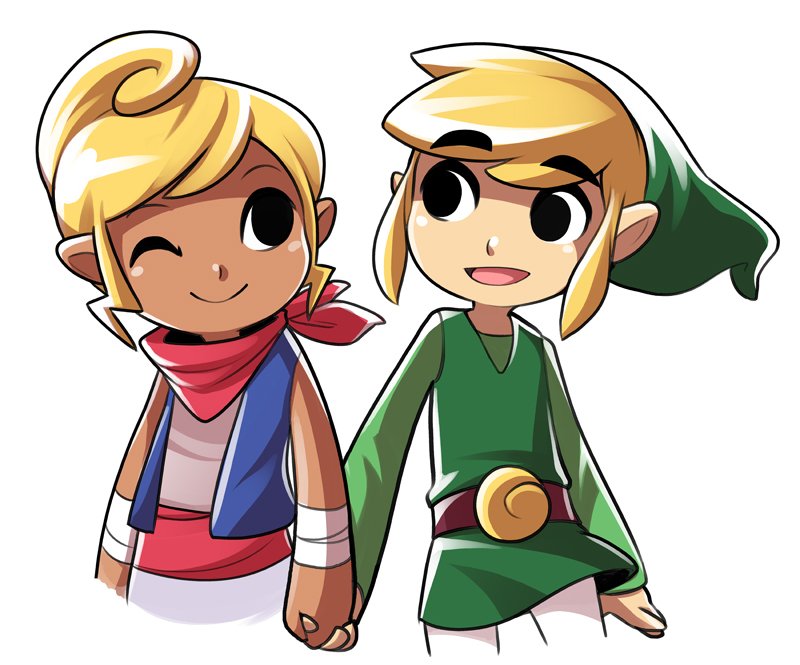 1boy, 1girl, blonde_hair, couple, dark_skin, holding_hands, hetero, link, mary_cagle, nintendo, pointy_ears, scarf, smile, tetra, the_legend_of_zelda, the_legend_of_zelda:_the_wind_waker, toon_link, vest, wrist_wrap