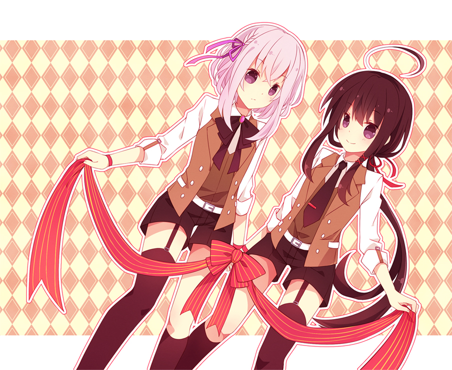 10s, 2boys, ahoge, asymmetrical_legwear, black_hair, black_legwear, bow, braid