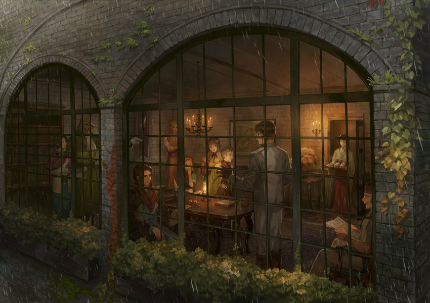 3girls, 6+boys, :d, animal_ears, apple_(suikoden), bandana, bare_shoulders, book, bookshelf, boots, bow, brown_hair, candle, capelet, carpet, chair, chandelier, choker, closed_eyes, covering_own_mouth, crossed_arms, cup, dog_ears, door, fitcher, flower, freed_yamamoto, furry, gensou_suikoden, gensou_suikoden_ii, glasses, gloves, grin, ivy, japanese_clothes, klaus_windamier, laughing, long_hair, multiple_boys, multiple_girls, open_door, open_mouth, painting_(object), parchment, pointing, rain, ridley_wizen, sheena_(suikoden), shin_(suikoden), short_hair, shu_(suikoden), sitting, slice_of_life, smile, table, teresa_wisemail, tray, uniform, window, yoshino_yamamoto, zhuzi