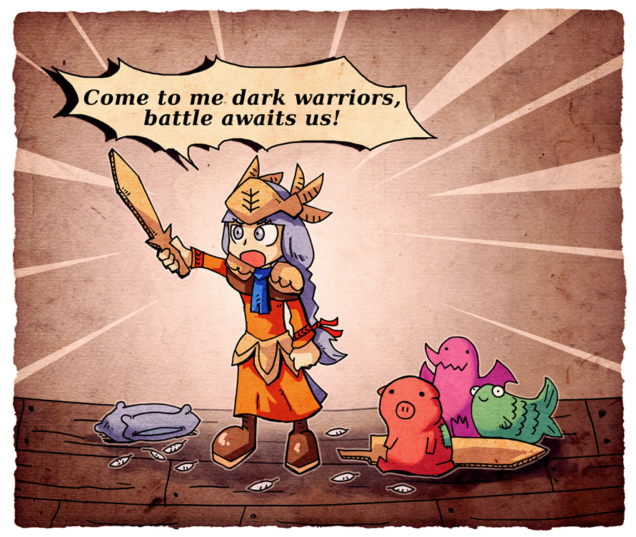 1girl, braid, cardboard, dress, english_text, feathers, female_focus, helmet