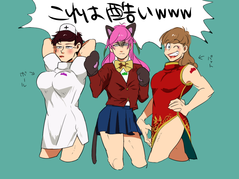 10s, 3boys, ;), animal_hands, arms_behind_head, bad_id, bad_twitter_id, black_hair