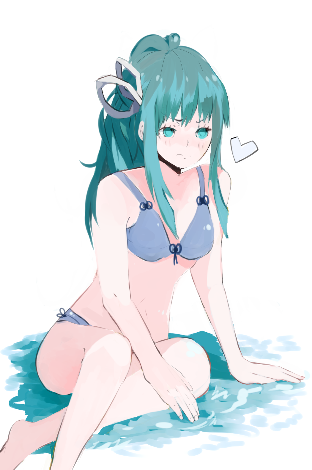 1girl, ass, barefoot, bikini, blue_bikini, blue_eyes, blue_hair, blush, breasts, feet, female_focus, golden_sun, highres, long_hair, mia_(golden_sun), nintendo, ponytail, puyiku, ribbon, solo, swimsuit