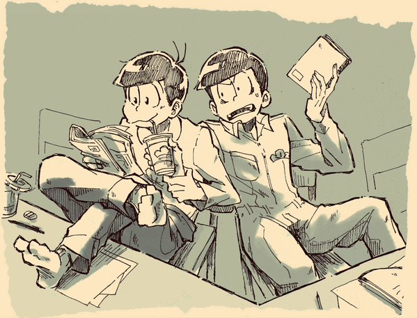 10s, 2boys, 77_(3nan77), alternate_costume, brothers, chair, crossed_legs, drinking