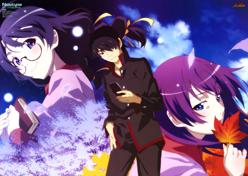 10s, 1boy, 2girls, absurdres, ahoge, araragi_koyomi, bakemonogatari, black_hair