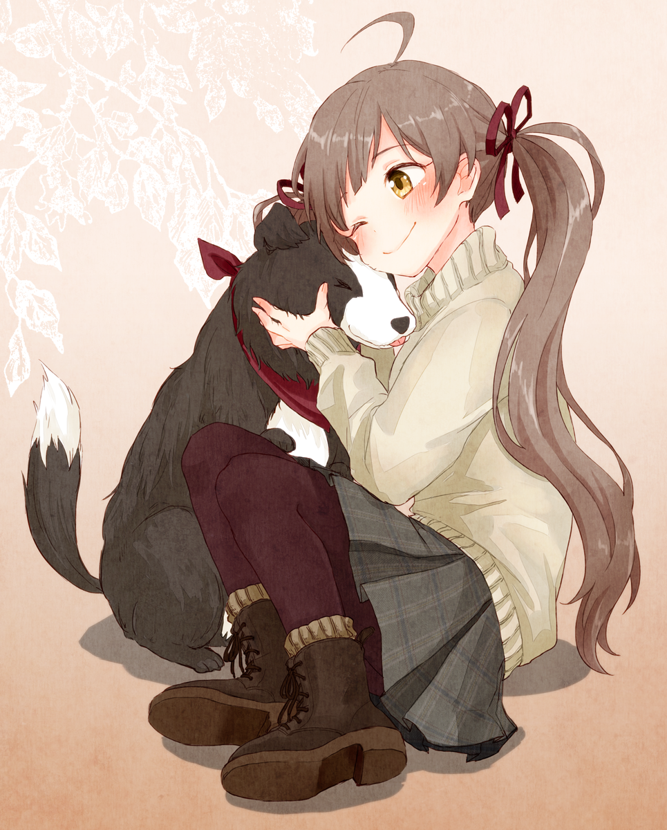 10s, 1girl, ahoge, bandana, blush, boots, border_collie, brown_hair
