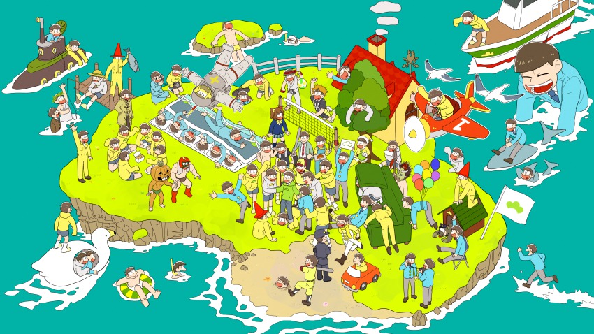 <o>_<o>, 10s, 6+boys, :>, absurdres, aircraft, airplane, animal_costume