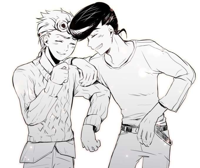 2boys, arm_on_another's_shoulder, braid, closed_eyes, giorno_giovanna, greyscale, grin, higashikata_josuke