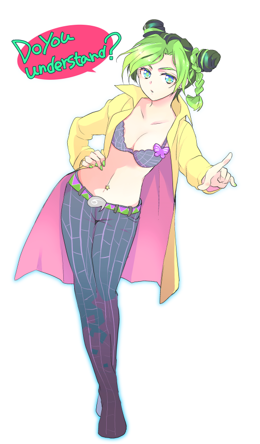 1girl, bra, braid, breasts, bug, butterfly, cleavage, coat, double_bun, female_focus, full_body, green_eyes, green_hair, green_nails, hair_bun, hand_on_own_hip, insect, jojo_no_kimyou_na_bouken, kuujou_jolyne, matching_hair/eyes, midriff, multicolored_hair, nail_polish, navel_piercing, piercing, solo, tsutsupiku, two-tone_hair, underwear