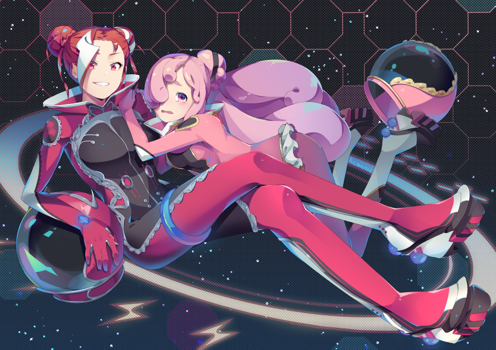 2girls, aikawa_jun, bodysuit, brown_hair, character_request, double_bun, fuchima, grin