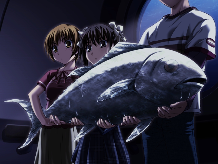 1boy, 2girls, 5pb., animal, black_eyes, black_hair, blonde_hair, blush