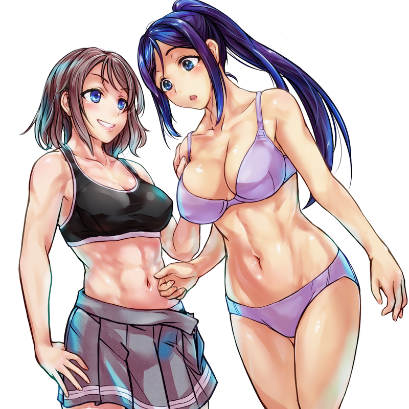 10s, 2girls, abs, bare_shoulders, blue_eyes, blue_hair, blush, bra