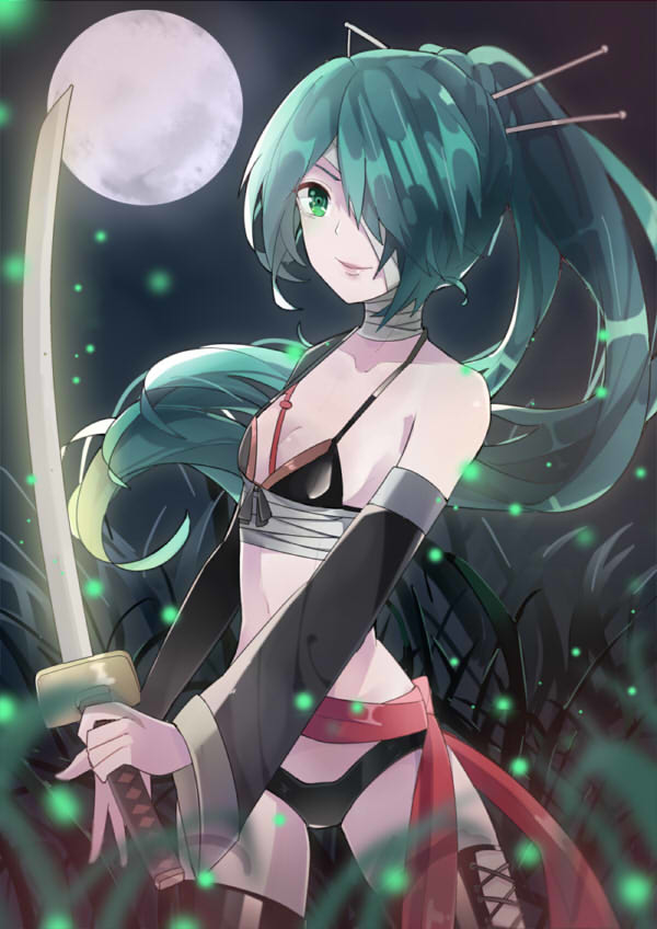 1girl, cowboy_shot, detached_sleeves, female_focus, full_moon, green_eyes, green_hair, hair_over_one_eye