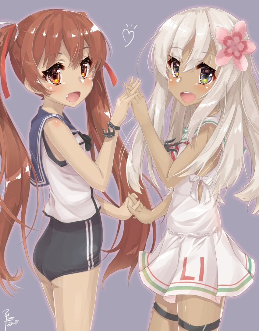 2girls, brown_eyes, brown_hair, cosplay, costume_switch, crop_top, dress, flower