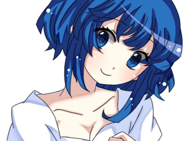 1girl, bad_id, bad_pixiv_id, blue_eyes, blue_hair, blush, breasts, cleavage