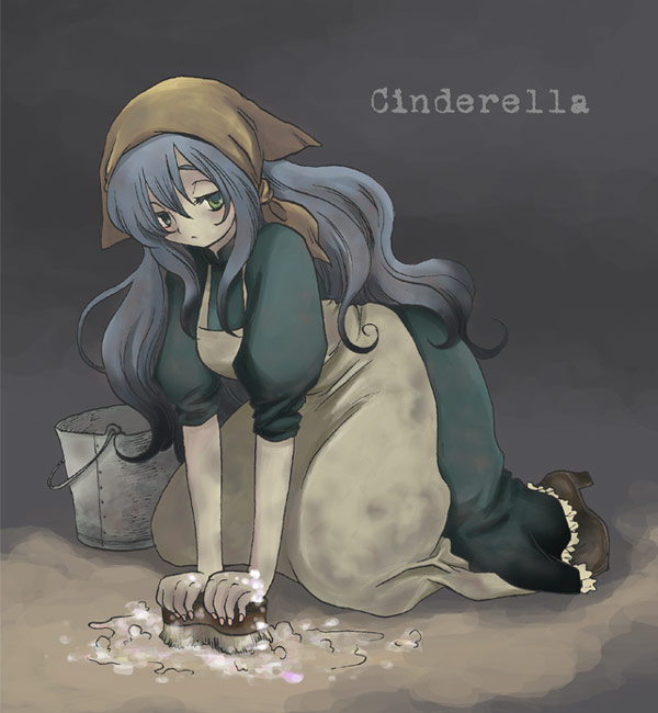 1girl, blue_eyes, blue_hair, blush, bucket, cinderella_(fairy_tale), cinderella_(fairy_tale_character), cinderella_(fairy_tale_character)_(cosplay)