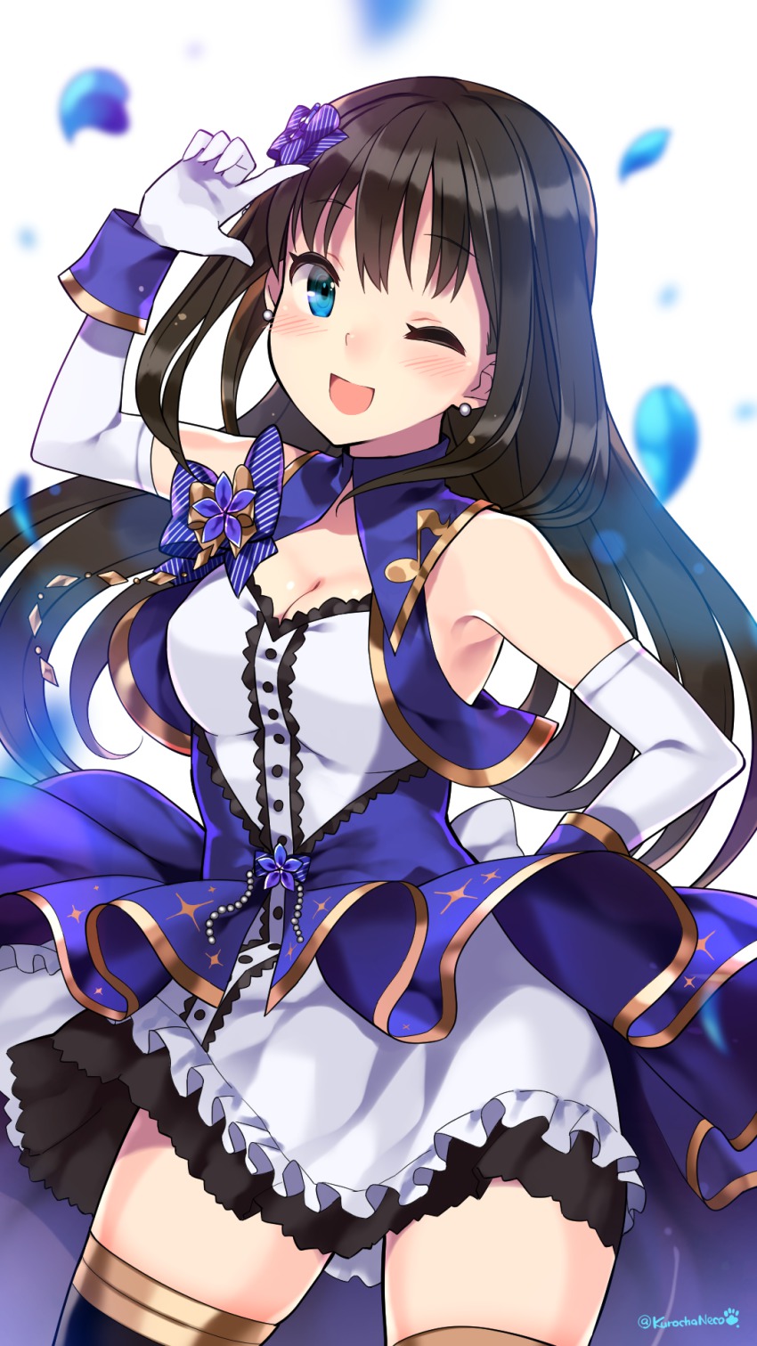10s, 1girl, bare_shoulders, blue_eyes, blush, breasts, brown_hair, cleavage, female_focus, gloves, highres, idolmaster, idolmaster_cinderella_girls, idolmaster_cinderella_girls_starlight_stage, kuro_chairo_no_neko, long_hair, looking_at_viewer, one_eye_closed, open_mouth, shibuya_rin, solo, stage_of_magic