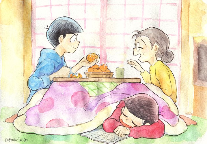 10s, 1girl, 2boys, black_hair, cup, food, fruit, glasses, grey_hair, hair_bun, keroko_(frolicfrogs), kotatsu, mandarin_orange, matsuno_karamatsu, matsuno_matsuyo, matsuno_osomatsu, mother_and_child, mother_and_son, multiple_boys, osomatsu-kun, osomatsu-san, osomatsu_(series), painting_(medium), parent_and_child, peeling, single_hair_bun, sleeping, sleeves_rolled_up, smile, table, traditional_media, twitter_username, under_kotatsu, under_table, watercolor_(medium), yunomi