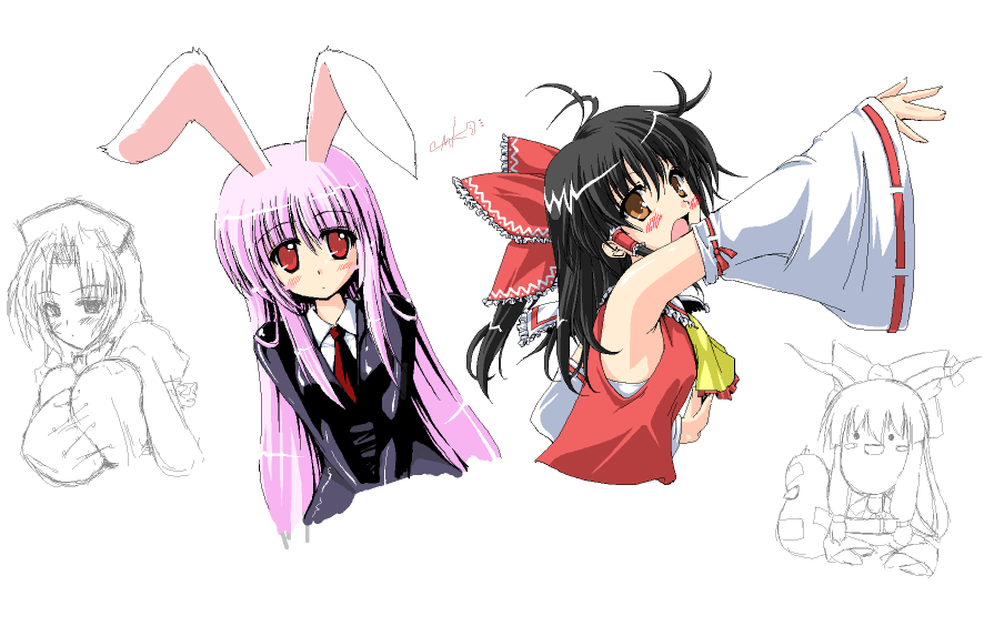 4girls, :o, animal_ears, ayuhara_hiiro, black_hair, blush, brown_eyes, detached_sleeves